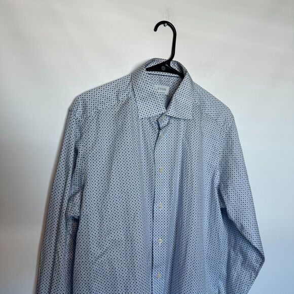 Eton Shirt Mens Large Size 16 Blue Geometric Long Sleeve Button Up Contemporary - Picture 2 of 8